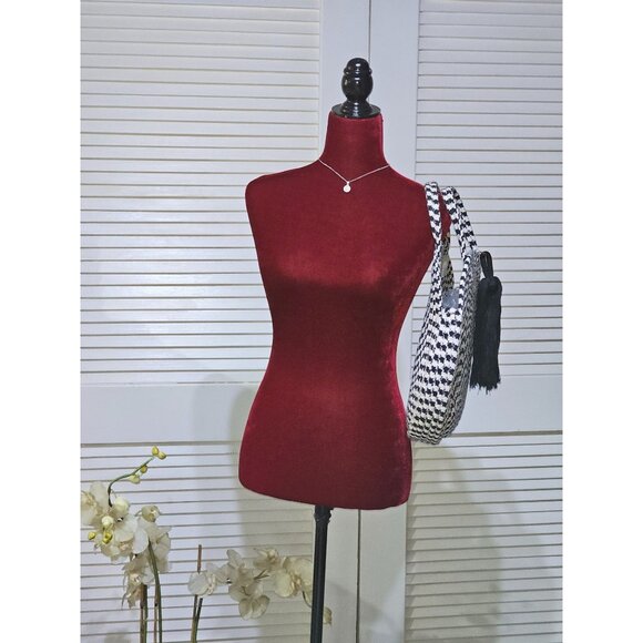 La Regale Women's Black White Round Woven Houndstooth Tote Bag Tassel Sz L 2632 - Picture 4 of 10